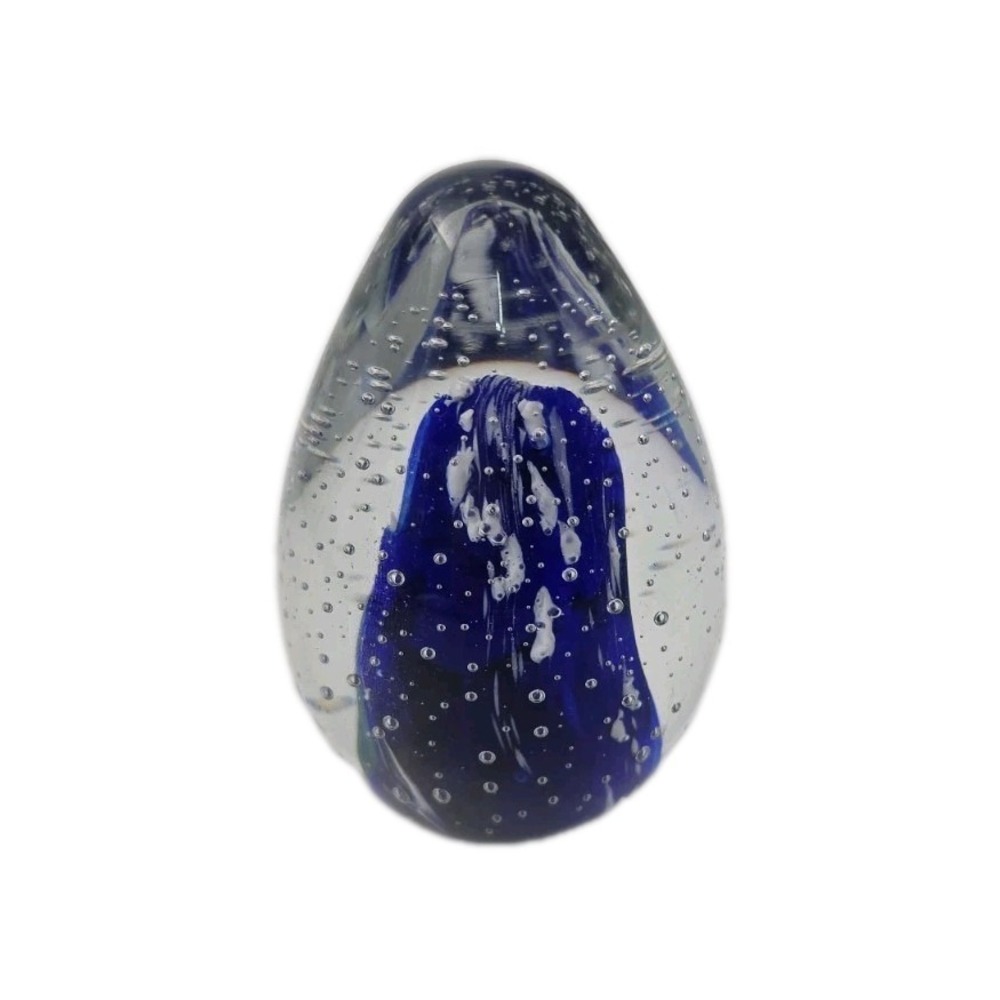 Egg Shaped Clear Glass Paperweight with Blue White Clear Swirl Twist